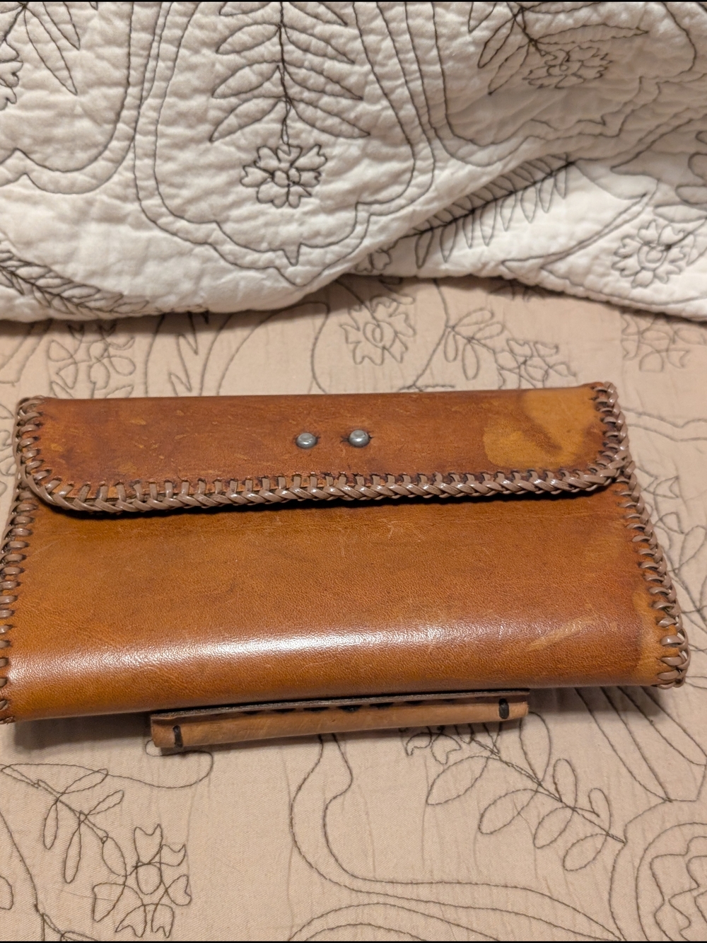 Vintage Handstitched Faux Leather Wallet Clutch - Tan